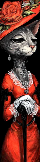 Cat bookmarks design of a cat in a belle époque red dress